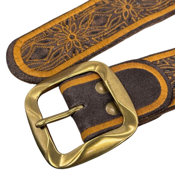 Lucky Brand Wide Belt Leather Embroidered Cutout SZ M Womens Brown Western Boho - Picture 9 of 11